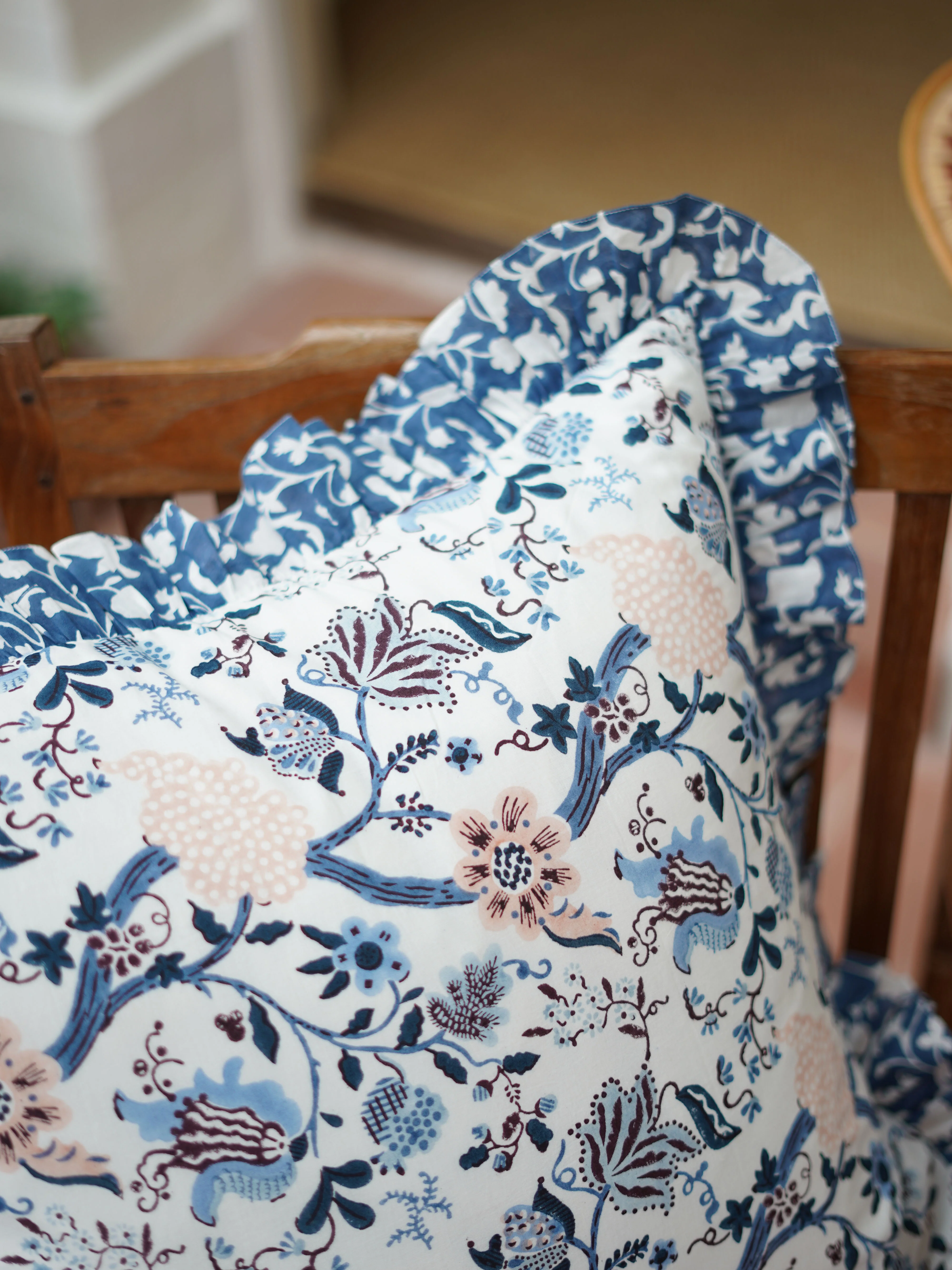 Frilled Cushion Cover, Blue Pomegranate 50 x 50cm - Image 2