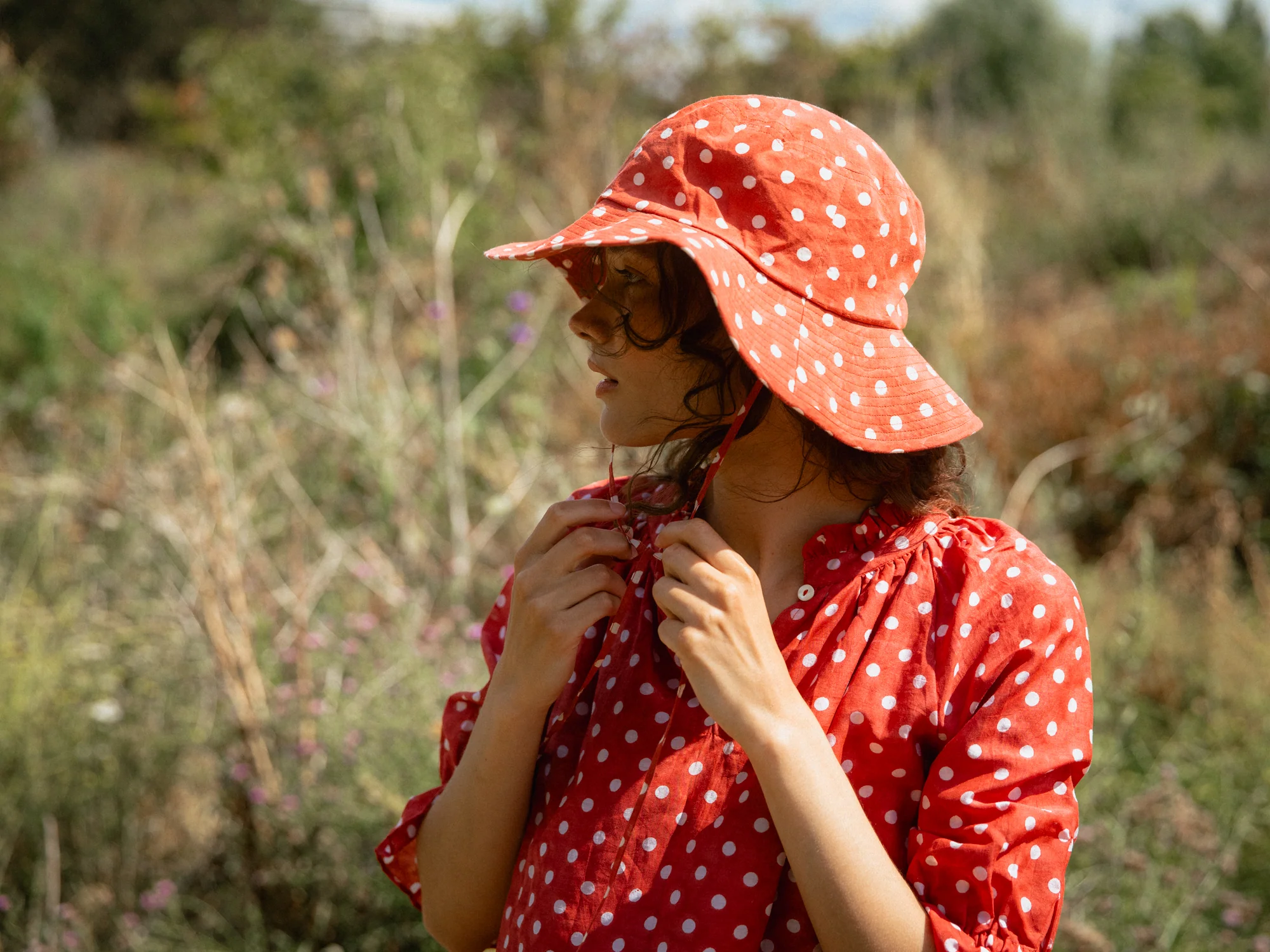 Cotton Sun Hat in Ruby Red Polka - Image 2
