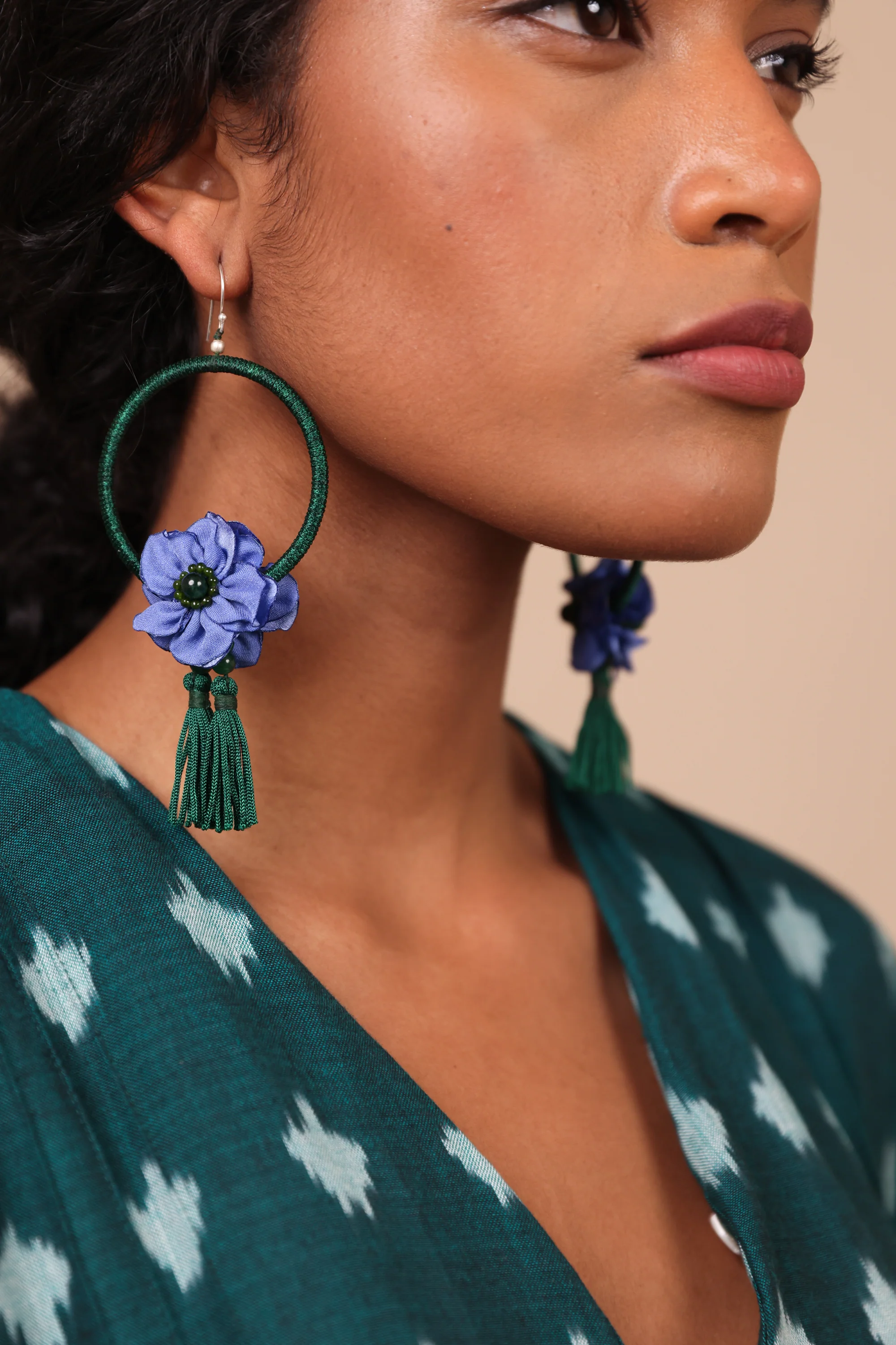 Flower Hoop Earrings in Green - Image 2