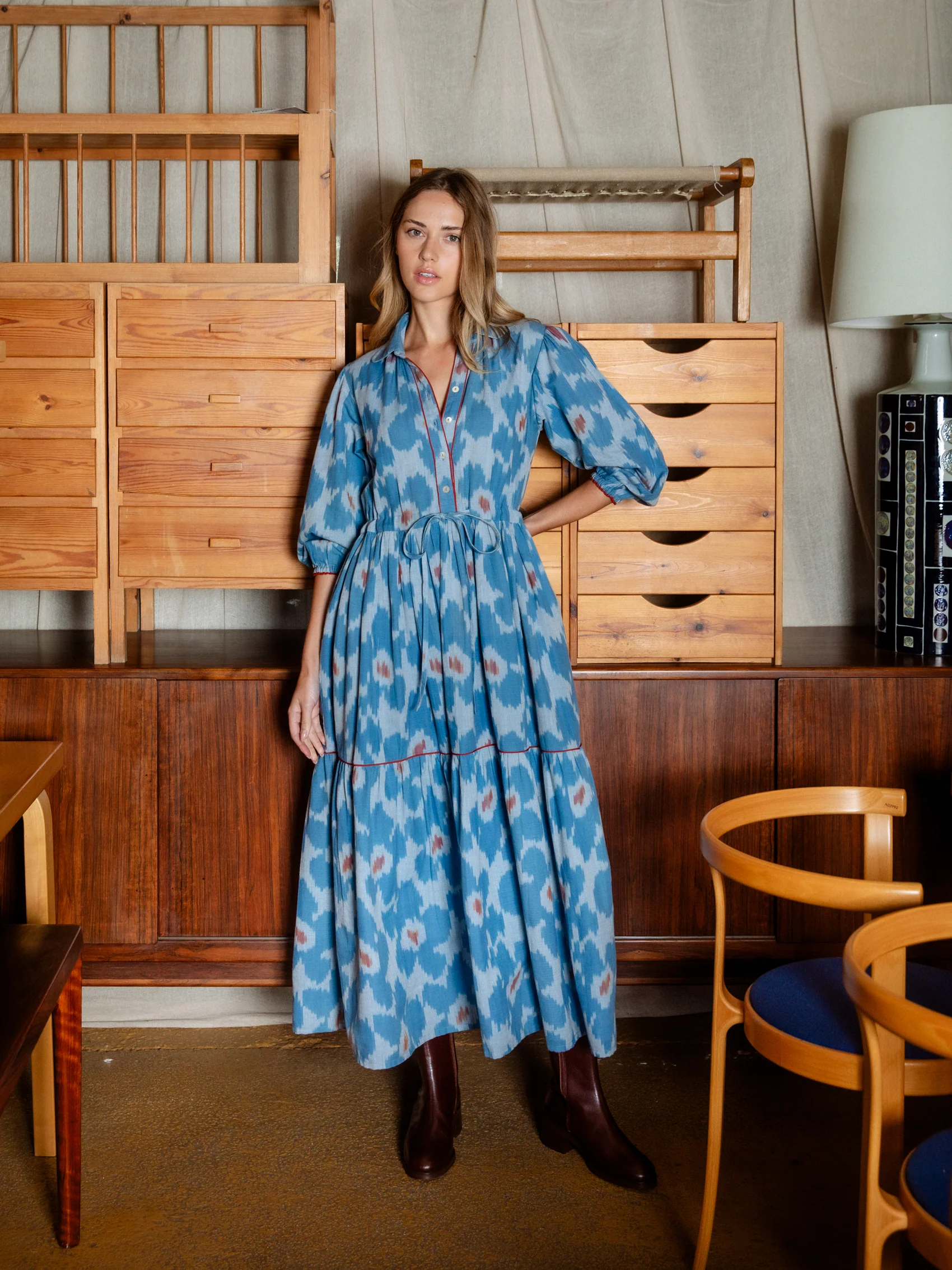 Lina Dress in Blue Ikat Flower
