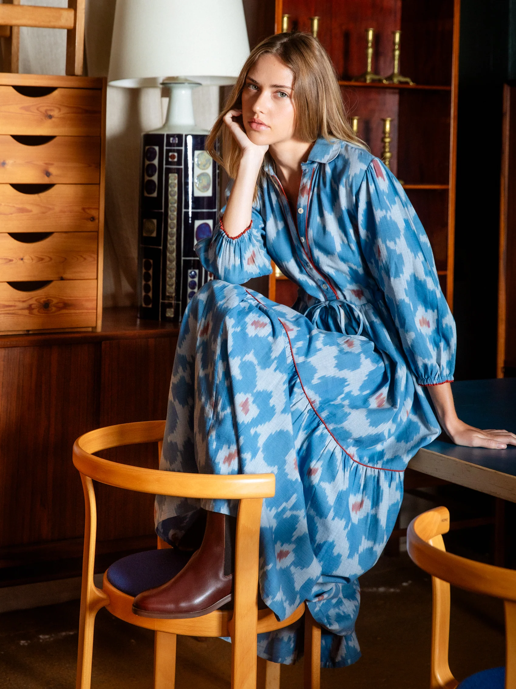 Lina Dress in Blue Ikat Flower - Image 2