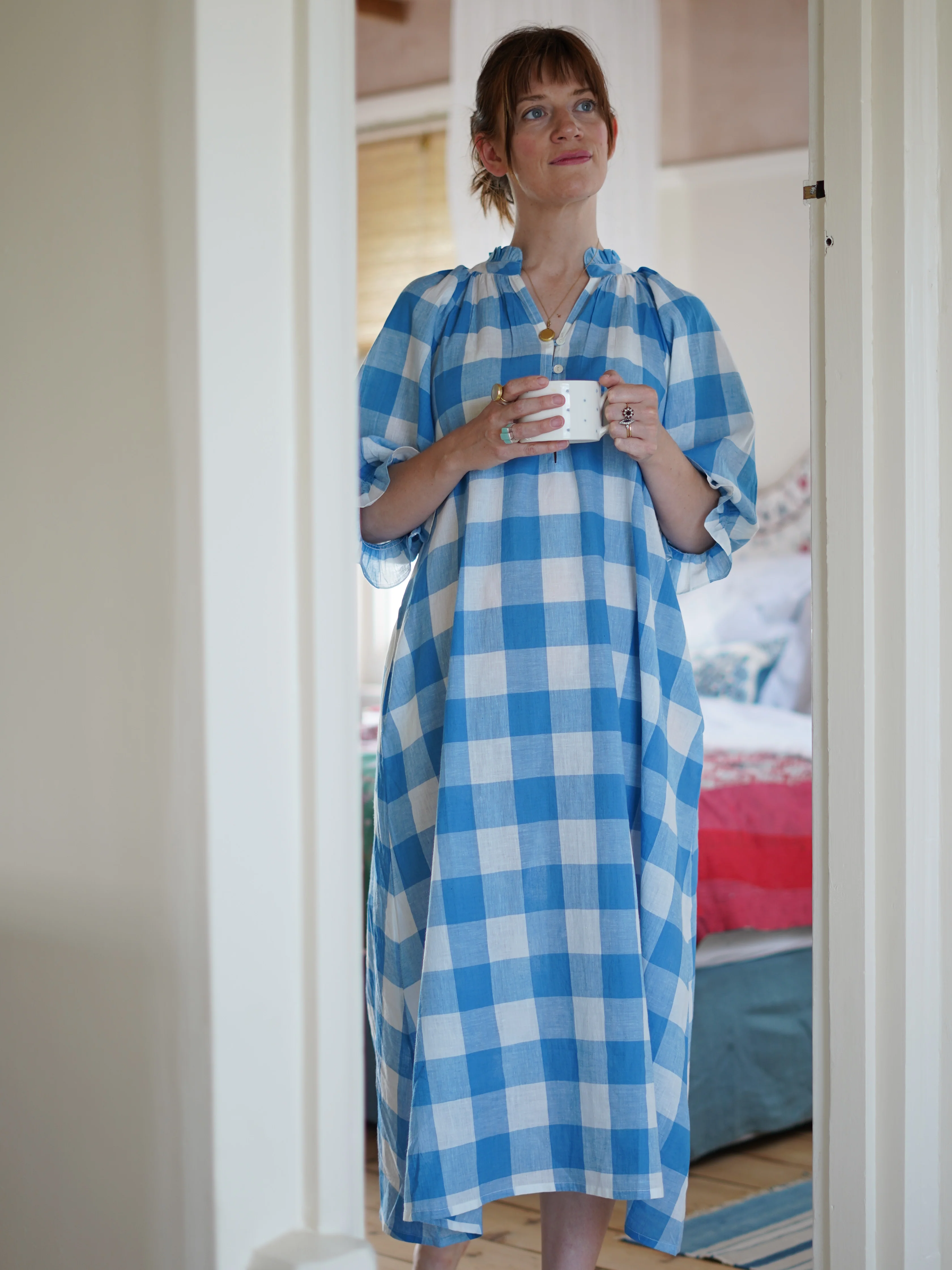 Long-Sleeved Nightie in Blue Handloom Check