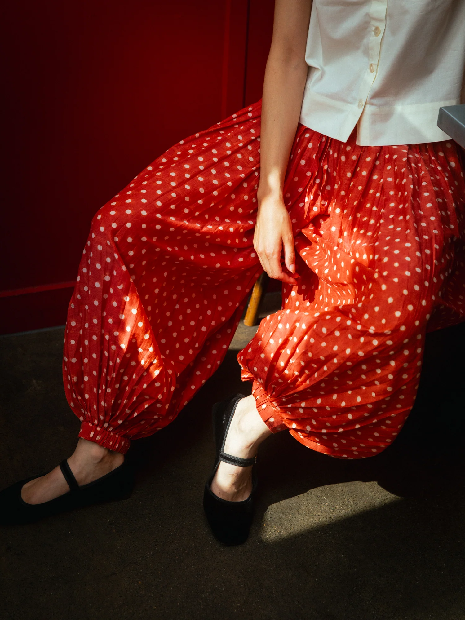 Mermaid Trousers in Ruby Red Polka - Image 2